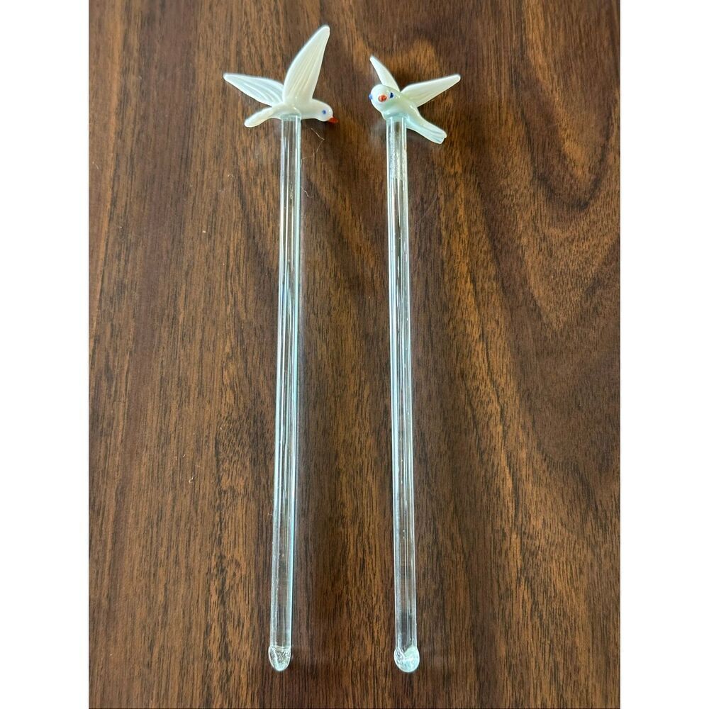 VTG MCM Hand Blown Art Glass White Birds Swizzle Stick Drink Stirrer Collectible